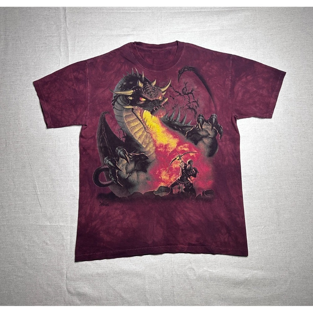 The Mountain Dragon Graphic T-Shirt Men's L Burgundy Tie Dye Fantasy Fire Tee